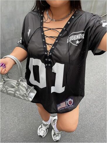 SOLY HUX Women's Plus Size Jersey Lace Up V Neck Short Sleeve T Shirts Number Graphic Tee Tops Streetwear in Saudi Arabia