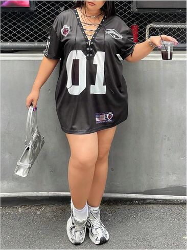 SOLY HUX Women's Plus Size Jersey Lace Up V Neck Short Sleeve T Shirts Number Graphic Tee Tops Streetwear in Saudi Arabia