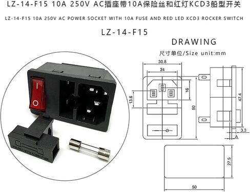 1 قطعة LZ-14-F15 C14 لوحة شنت المكونات مدخل التيار المتردد وحدة 3 دبابيس مقبس الطاقة مع 5X20MM 10A الصمامات والأحمر 250 فولت LED الروك التبديل in Saudi Arabia