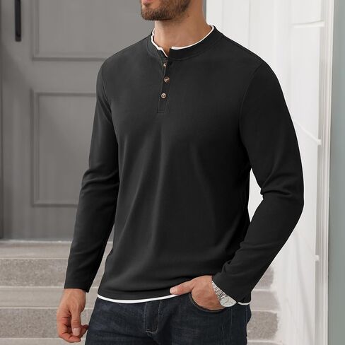 Uni Clau Mens Henley Shirts Long Sleeve Casual Button T-Shirt Classic Basic Thermal Stylish Pullover in Saudi Arabia