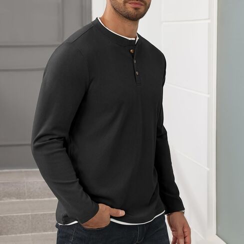 Uni Clau Mens Henley Shirts Long Sleeve Casual Button T-Shirt Classic Basic Thermal Stylish Pullover in Saudi Arabia