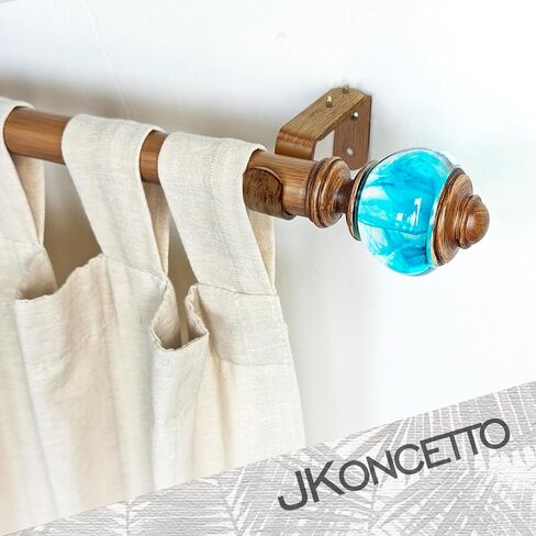 1-1/8 Inch Single Curtain Rods 72 to 144 Inches Adjustable Drapery Rods for Window width 68 to 140 Inches, Aqua Cyan Misty Clear Finials, Faux Wood (Chestnut) Color in Saudi Arabia