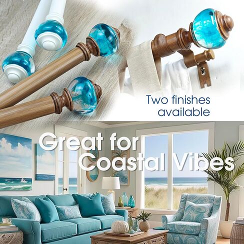 1-1/8 Inch Single Curtain Rods 72 to 144 Inches Adjustable Drapery Rods for Window width 68 to 140 Inches, Aqua Cyan Misty Clear Finials, Faux Wood (Chestnut) Color in Saudi Arabia