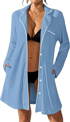 Bsubseach Terry Cloth Cover Up - Women Long Sleeve Button Down Bathing Suit Cover Ups Swim Robes with Pockets in Saudi Arabia