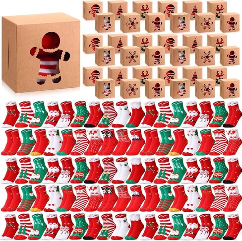 Operation Christmas Gift bulk items 30 Sets Kids Christmas Socks and 30 Pcs Kraft Boxes with Window for Xmas Party in Kuwait