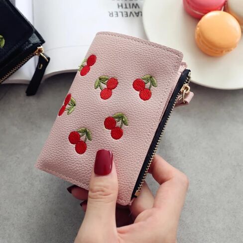 1Pc wallet women Cute Small Leather card holde travel Cherry shaped embroidery Pink in Saudi Arabia
