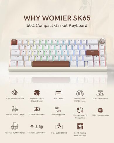 Womier SK65 Pro Wireless Gaming Keyboard 60 في المائة ، لوحة مفاتيح ميكانيكية كريمية مع QMK ، حالة ألومنيوم مخصصة سريعة الإزالة ، لوحة مفاتيح RGB القابلة للتبديل الساخنة ، بلوتوث 5.0/2.4 جيجا هرتز/USB ، أسود ، أسود in Kuwait