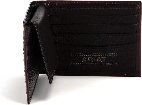محفظة ARIAT للرجال ثنائية الطي مع حقيبة مرور - جلد طبيعي بتصميم منقوش بالزهور وخياطة بإبزيم كريمي، بني in Saudi Arabia