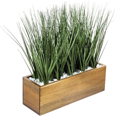 MyGift 12 Inch Artificial Green Grass Plants in Rustic Black Solid Wood Planter Box, Faux Greenery Plant Centerpiece in Decorative Rectangular Wooden Container in Saudi Arabia