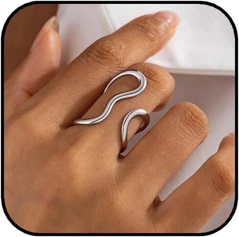 Chunky Rings for Women,Gold Silver Two Tone Asymmetrical Wavy Curve Open Ring Dainty Adjustable Stainless Steel Wrap Around Ring Fashion Minimalist Statement Jewelry Accessories in Saudi Arabia