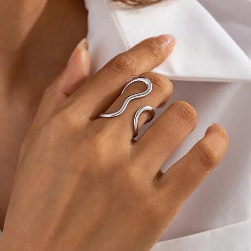 Chunky Rings for Women,Gold Silver Two Tone Asymmetrical Wavy Curve Open Ring Dainty Adjustable Stainless Steel Wrap Around Ring Fashion Minimalist Statement Jewelry Accessories in Saudi Arabia
