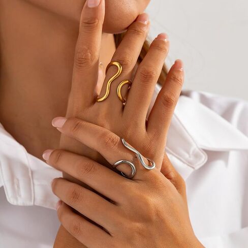 Chunky Rings for Women,Gold Silver Two Tone Asymmetrical Wavy Curve Open Ring Dainty Adjustable Stainless Steel Wrap Around Ring Fashion Minimalist Statement Jewelry Accessories in Saudi Arabia