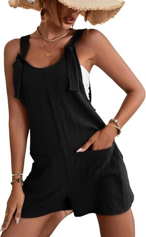 Summer Overall Shorts for Women Loose Fit Adjustable Tie Knot Front Casual Short Rompers Wide Leg Jumpsuits with Pockets in Saudi Arabia