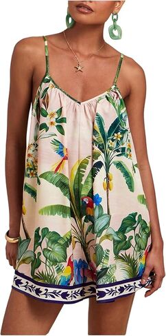 Women's Summer Tropical Rompers Sleeveless V Neck Wide Leg Vacation Short Jumpsuits in Saudi Arabia