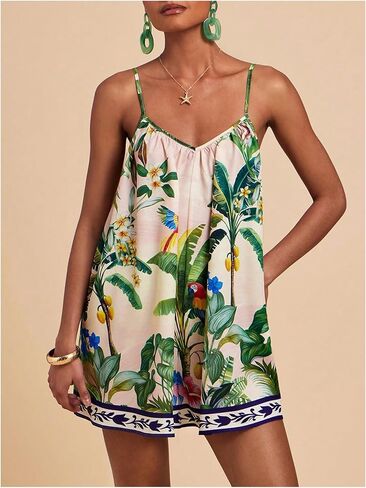 Women's Summer Tropical Rompers Sleeveless V Neck Wide Leg Vacation Short Jumpsuits in Saudi Arabia