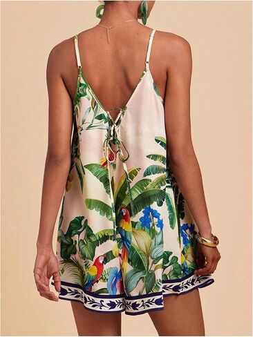 Women's Summer Tropical Rompers Sleeveless V Neck Wide Leg Vacation Short Jumpsuits in Saudi Arabia
