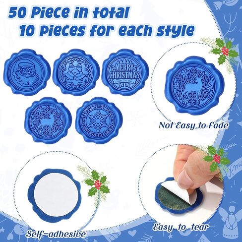 Dianelhall 50 Pcs Christmas Wax Seal Stickers Vintage Envelope Seal Stickers Embossed Christmas Wedding Sticker Roses Snowflake Stickers Self Adhesive Wax Seals for Wedding(Wine Red) in Kuwait