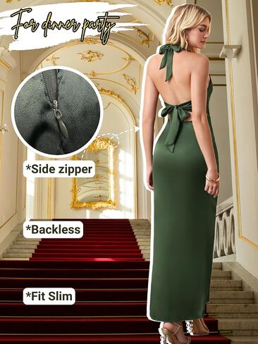 V Neck Dress for Women, Halter Backless, Wedding Guest Cocktail, Bow Open Back Semi Formal Sexy Flowy Maxi in Saudi Arabia