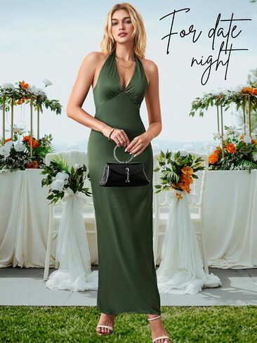 V Neck Dress for Women, Halter Backless, Wedding Guest Cocktail, Bow Open Back Semi Formal Sexy Flowy Maxi in Saudi Arabia