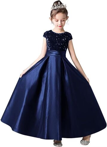 dideyttawl Girls Satin Sequins Party Dress Short Sleeves Long Formal Dress Big Bow Belt 503DX in Kuwait