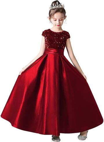 dideyttawl Girls Satin Sequins Party Dress Short Sleeves Long Formal Dress Big Bow Belt 503DX in Kuwait
