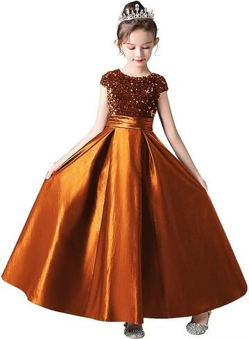 dideyttawl Girls Satin Sequins Party Dress Short Sleeves Long Formal Dress Big Bow Belt 503DX in Kuwait