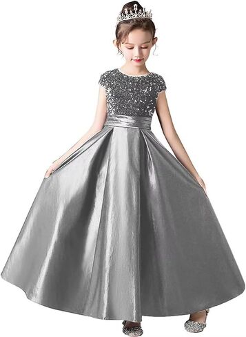 dideyttawl Girls Satin Sequins Party Dress Short Sleeves Long Formal Dress Big Bow Belt 503DX in Kuwait