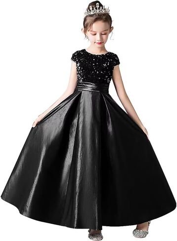 dideyttawl Girls Satin Sequins Party Dress Short Sleeves Long Formal Dress Big Bow Belt 503DX in Kuwait