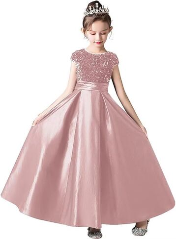 dideyttawl Girls Satin Sequins Party Dress Short Sleeves Long Formal Dress Big Bow Belt 503DX in Kuwait