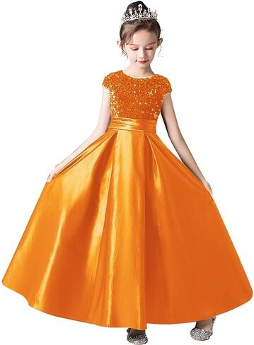 dideyttawl Girls Satin Sequins Party Dress Short Sleeves Long Formal Dress Big Bow Belt 503DX in Kuwait