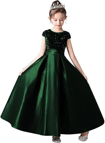 dideyttawl Girls Satin Sequins Party Dress Short Sleeves Long Formal Dress Big Bow Belt 503DX in Kuwait