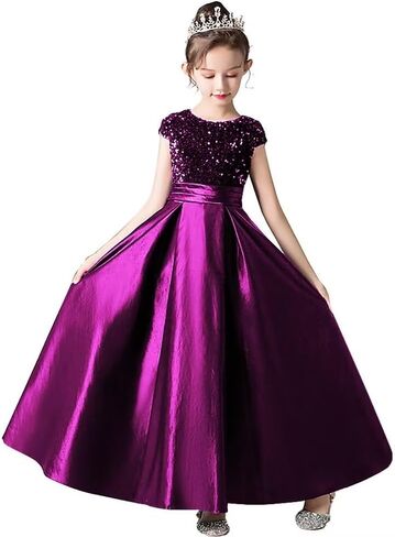 dideyttawl Girls Satin Sequins Party Dress Short Sleeves Long Formal Dress Big Bow Belt 503DX in Kuwait