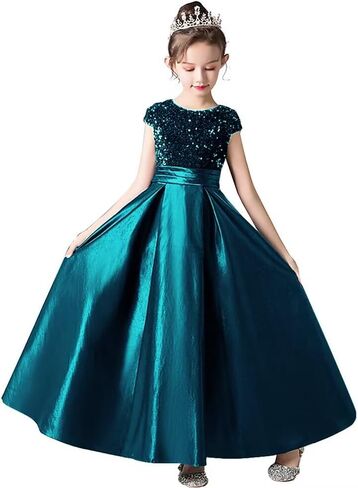 dideyttawl Girls Satin Sequins Party Dress Short Sleeves Long Formal Dress Big Bow Belt 503DX in Kuwait