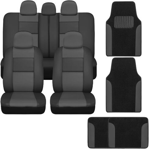BDK Red Faux Leather Car Seat Covers Full Set with Matching Carpet Car Floor Mats - Universal Front & Back Bench Car Seat Protector & Car Mats Full Set for SUV & Truck Automotive Interior Liner in Saudi Arabia