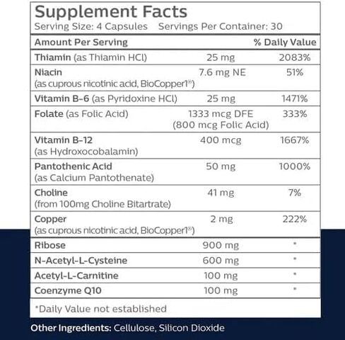 MitoAdvanced BioCopper1 (Cunermuspir) - كوكتيل الميتوكوندريا النحاسي المتوفر بيولوجيًا مع Coq10 والثيامين والريبوز والفولات والكولين وحمض البانتوثينيك - مضاد للشيخوخة، مضاد للشيب - 120 قيراط in Kuwait