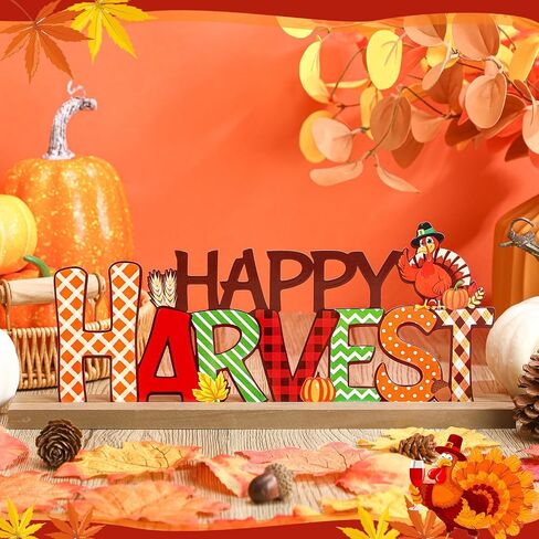 Realspring Fall Decorations for Home Happy Thanksgiving Metal Sign Thanksgiving Table Decor Fall Tiered Tray Decor with Wood Base Rustic Metal Word Sign for Home Tabletop Centerpiece Mantel Shelf Desk in Saudi Arabia