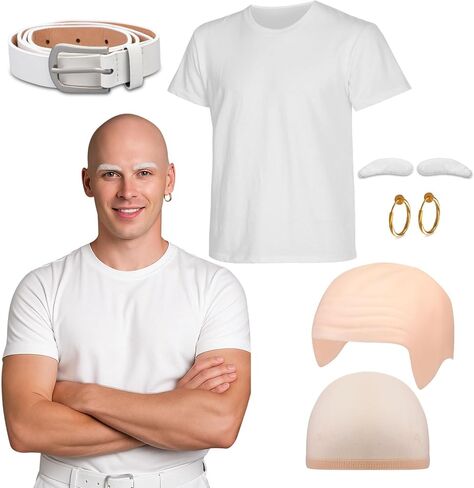 Jecery 5 Pcs Halloween Cleaner Costume Man Bald Cleaning Costume Accessories White T Shirt Bald Cap Set for Adults Cosplay in Saudi Arabia