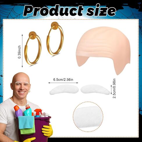 Jecery 5 Pcs Halloween Cleaner Costume Man Bald Cleaning Costume Accessories White T Shirt Bald Cap Set for Adults Cosplay in Saudi Arabia