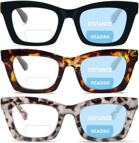 REAVEE 3 Pack Bifocal Oprah Style Reading Glasses for Women, Blue Light Blocking Stylish Thick Frame Readers Spring Hinges in Kuwait