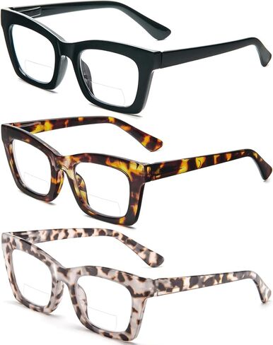 REAVEE 3 Pack Bifocal Oprah Style Reading Glasses for Women, Blue Light Blocking Stylish Thick Frame Readers Spring Hinges in Kuwait
