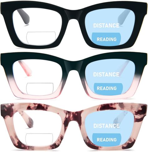 REAVEE 3 Pack Bifocal Oprah Style Reading Glasses for Women, Blue Light Blocking Stylish Thick Frame Readers Spring Hinges in Kuwait