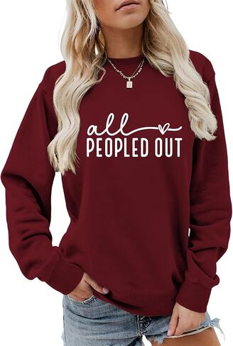 FORHVIPS All Peopled Out Sweatshirt Women Long Sleeve Letter Print Graphic Tee Fall Crew Neck Funny Sayings Pullover Top in Saudi Arabia
