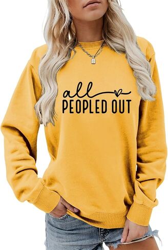 FORHVIPS All Peopled Out Sweatshirt Women Long Sleeve Letter Print Graphic Tee Fall Crew Neck Funny Sayings Pullover Top in Saudi Arabia