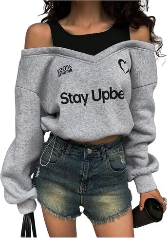 Women's Off The Shoulder Sweatshirt Graphic Long Sleeve Pullover Y2k Tops Trendy Streetwear in Saudi Arabia