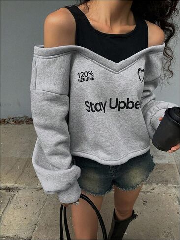 Women's Off The Shoulder Sweatshirt Graphic Long Sleeve Pullover Y2k Tops Trendy Streetwear in Saudi Arabia