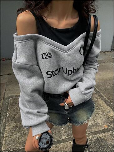 Women's Off The Shoulder Sweatshirt Graphic Long Sleeve Pullover Y2k Tops Trendy Streetwear in Saudi Arabia