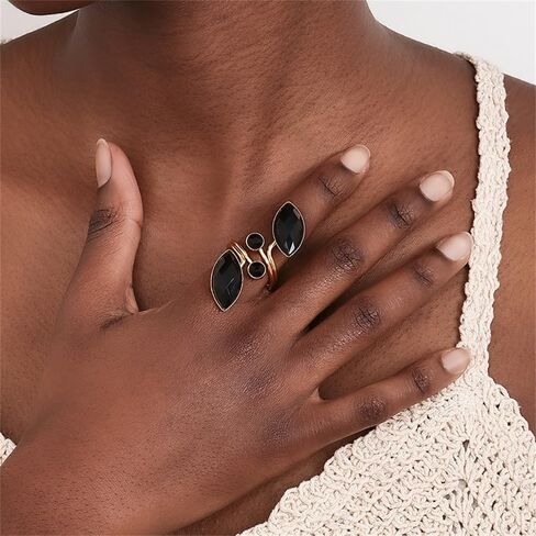 Black Rhinestone Leaf Statement Wedding Ring for Women Fashion Sparkly Cubic Zirconia Crystal Birthstone Wrap Finger Band Open Cocktail Party Prom Promise Love Bridal Stacking Rings Dainty Jewelry in Saudi Arabia