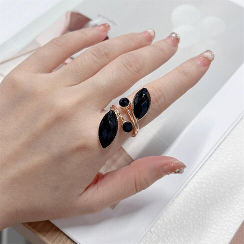 Black Rhinestone Leaf Statement Wedding Ring for Women Fashion Sparkly Cubic Zirconia Crystal Birthstone Wrap Finger Band Open Cocktail Party Prom Promise Love Bridal Stacking Rings Dainty Jewelry in Saudi Arabia