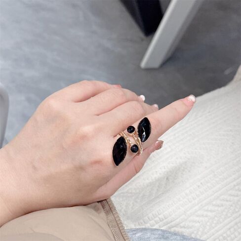 Black Rhinestone Leaf Statement Wedding Ring for Women Fashion Sparkly Cubic Zirconia Crystal Birthstone Wrap Finger Band Open Cocktail Party Prom Promise Love Bridal Stacking Rings Dainty Jewelry in Saudi Arabia