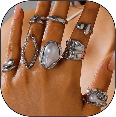 Stackable Chunky Geometric Knuckle Rings Set for Women,Vintage Baroque Pearl Open Midi Finger Ring,Trendy Party Banquet Jewelry Accessories Gift in Saudi Arabia